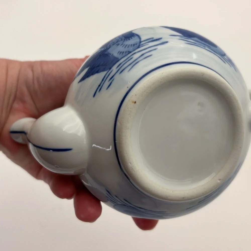 Vintage Blue and White Chinoiserie Ceramic Teapot with Ducks on Pond